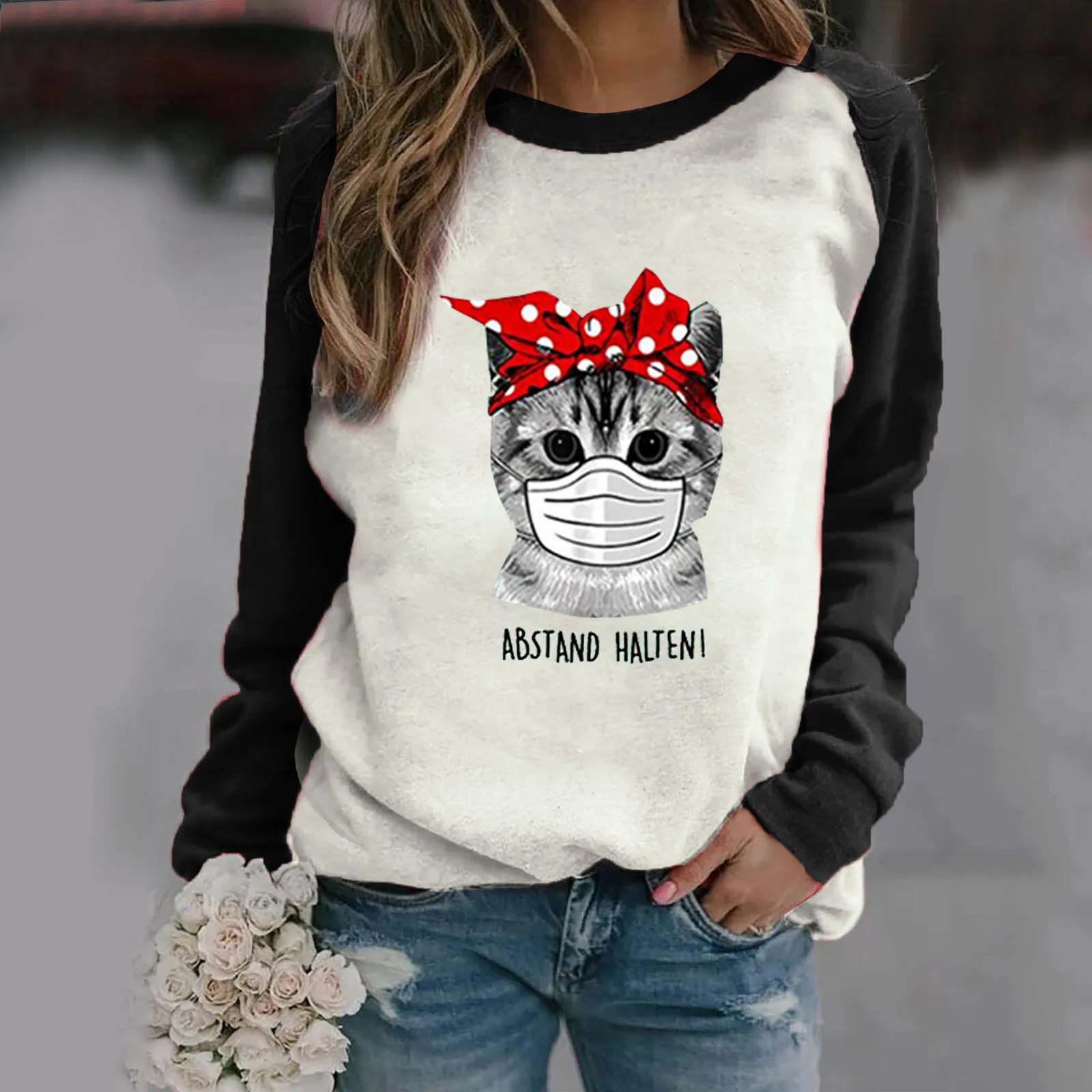 

Autumn and winter ladies fashion polyester cute cat print loose round neck long sleeve loose long sleeve F-C